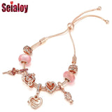 Rose Goddess Rose Heart Charm Bracelet Pink Crystal Beads
