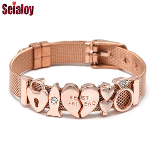 Rose Steel Mesh Heart Charm Bracelet Women Watch Belt Jewelry
