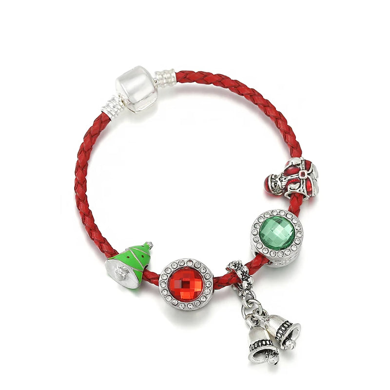Silver Bell Pendant Red Leather Bracelet Set