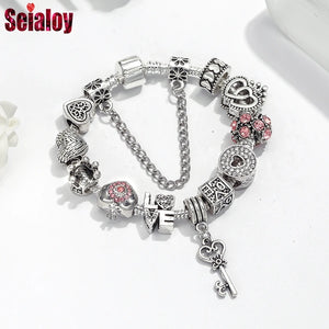 Silver Plated Heart Key Charm Bracelet for Women Girls
