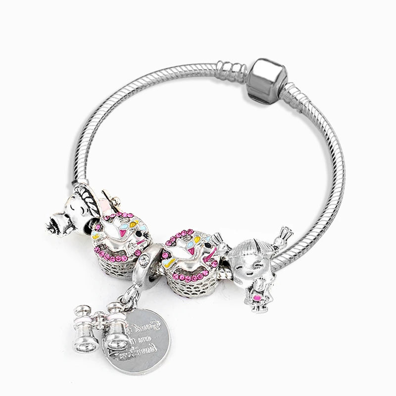 Unicorn Heart Bead Charm Bracelet Silver Chain Bangle Jewelry