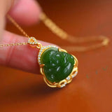 Hetian Jade Green Jade Maitreya Buddha Pendant Necklace