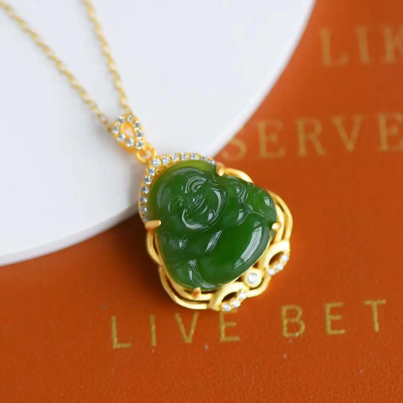 Hetian Jade Green Jade Maitreya Buddha Pendant Necklace