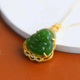 Hetian Jade Green Jade Maitreya Buddha Pendant Necklace