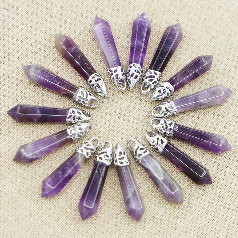 Amethyst Hexagonal Pillar Necklaces Pendants Charms Jewelry 24 Pcs