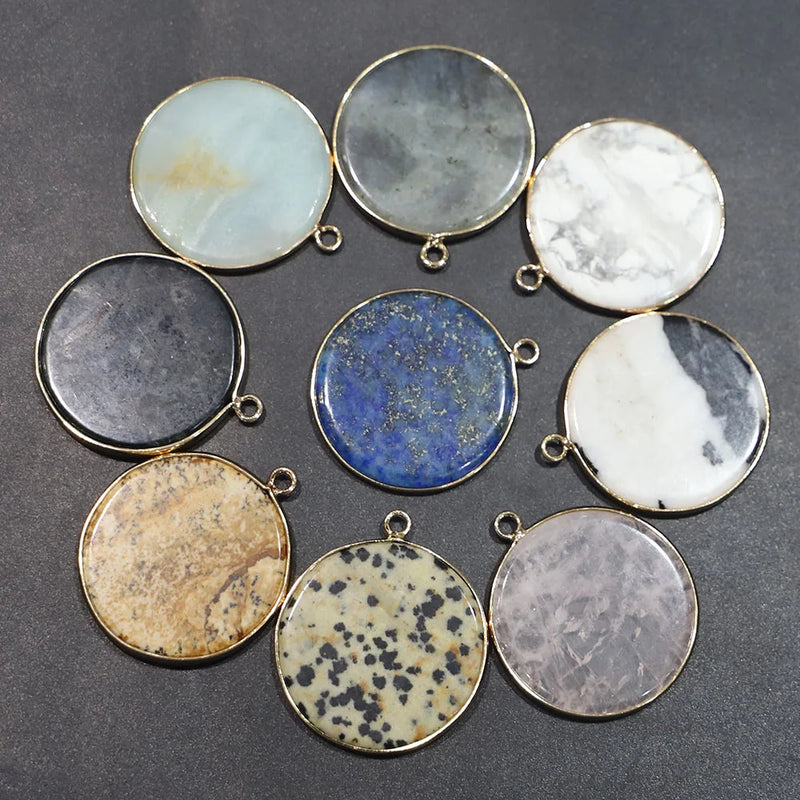 Natural Stone Flat Round Pendants Necklace DIY Charms Earrings 8Pcs
