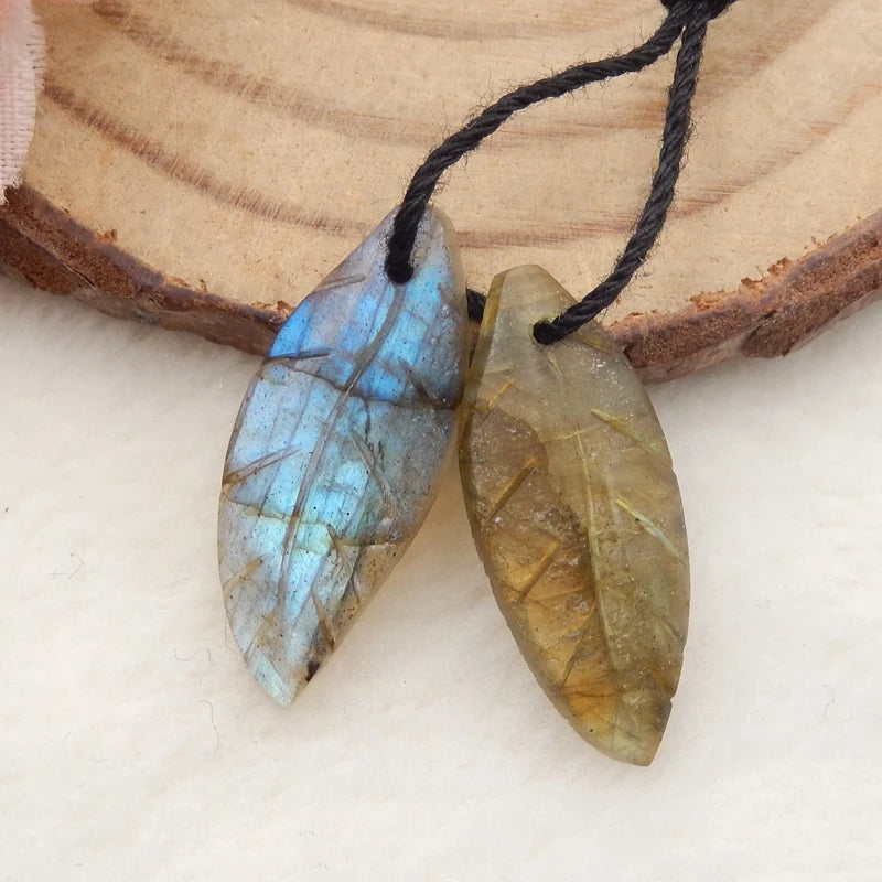 Labradorite Carved Leaf Earring Beads 22x10x3mm