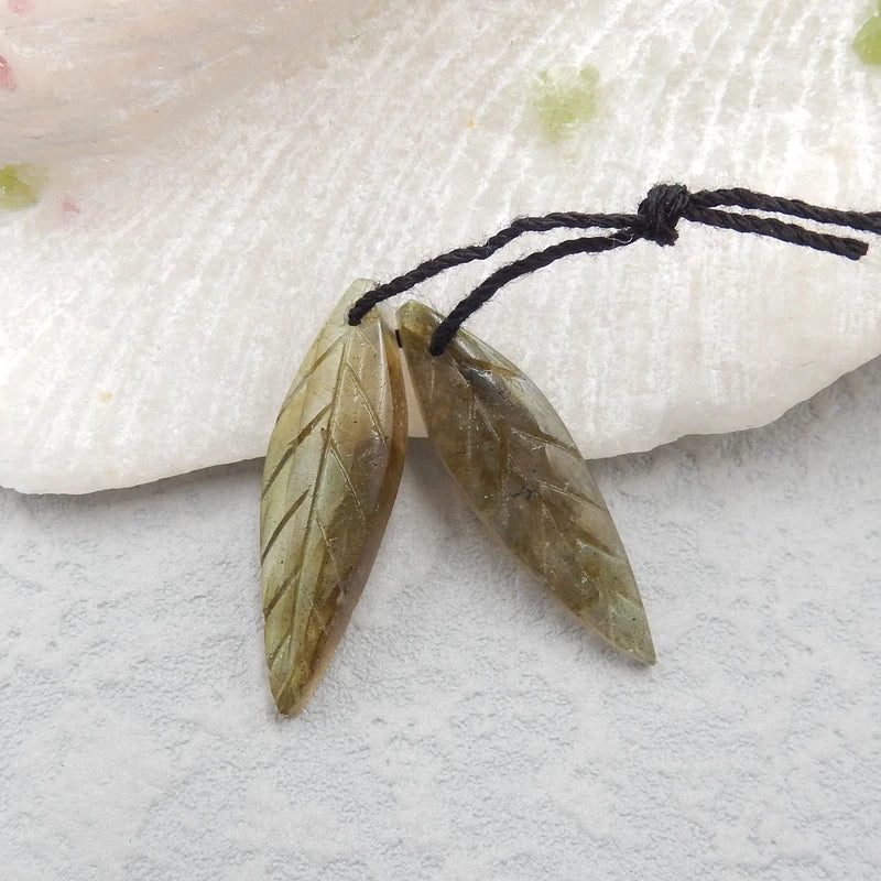 Labradorite Carved Leaf Earrings 27x9x3mm
