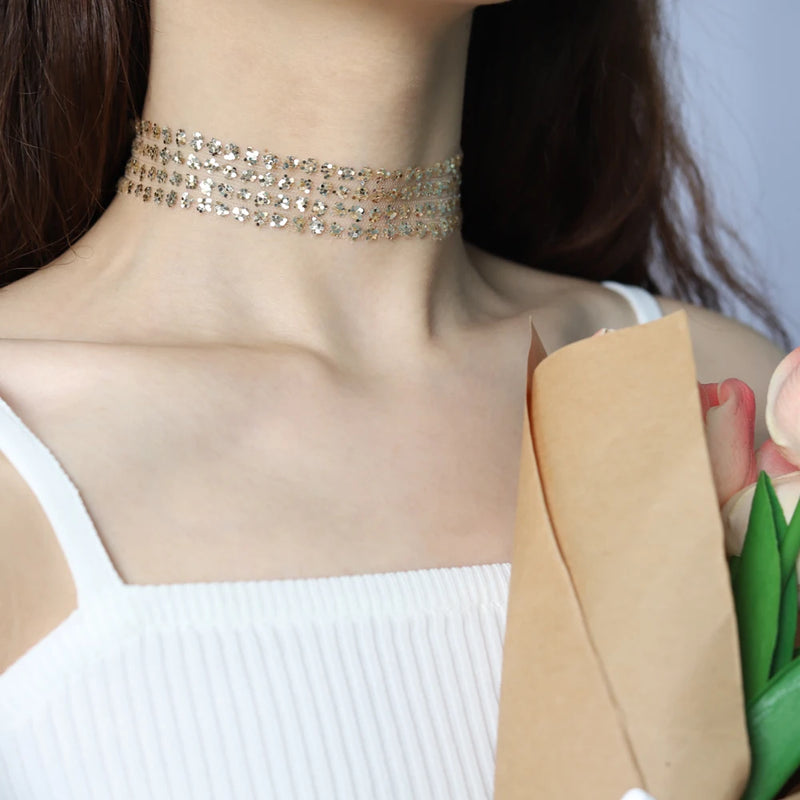 Sequins Mesh Choker Necklace Women Jewelry Sexy Clavicle Chain Statement