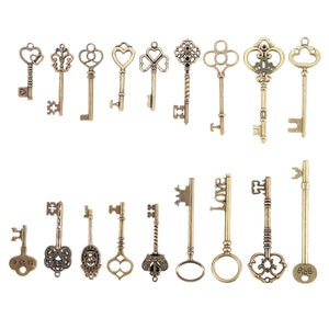 Set of 18 Antique Bronze Skeleton Key Heart Bow Lock Pendant