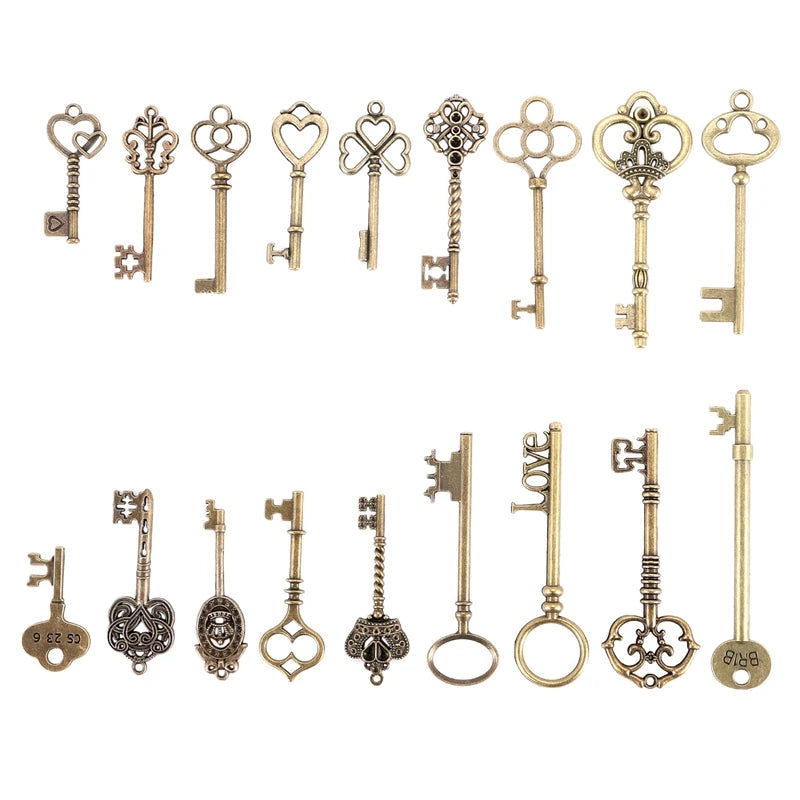 Set of 18 Antique Bronze Skeleton Key Heart Bow Lock Pendant