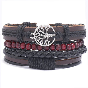 Men's Punk Leather Bracelet with Life Tree Bangle