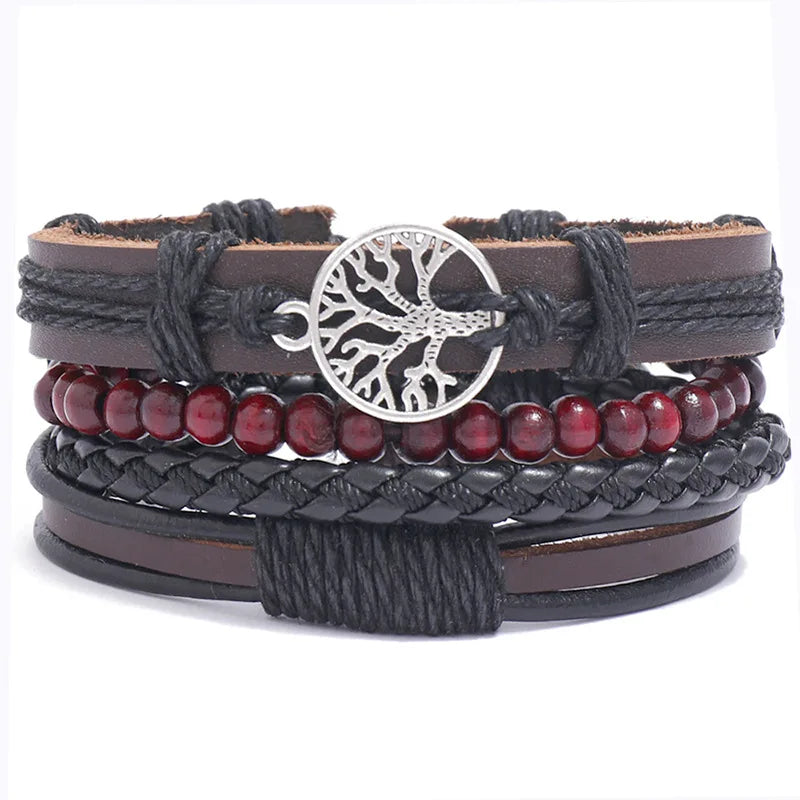 Men's Punk Leather Bracelet with Life Tree Bangle
