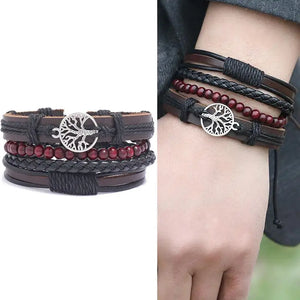 Men's Punk Leather Bracelet with Life Tree Bangle