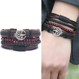 Men's Punk Leather Bracelet with Life Tree Bangle