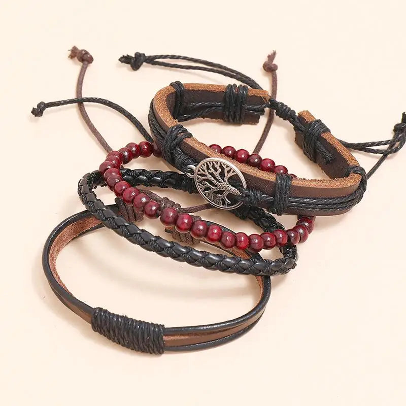 Men's Punk Leather Bracelet with Life Tree Bangle