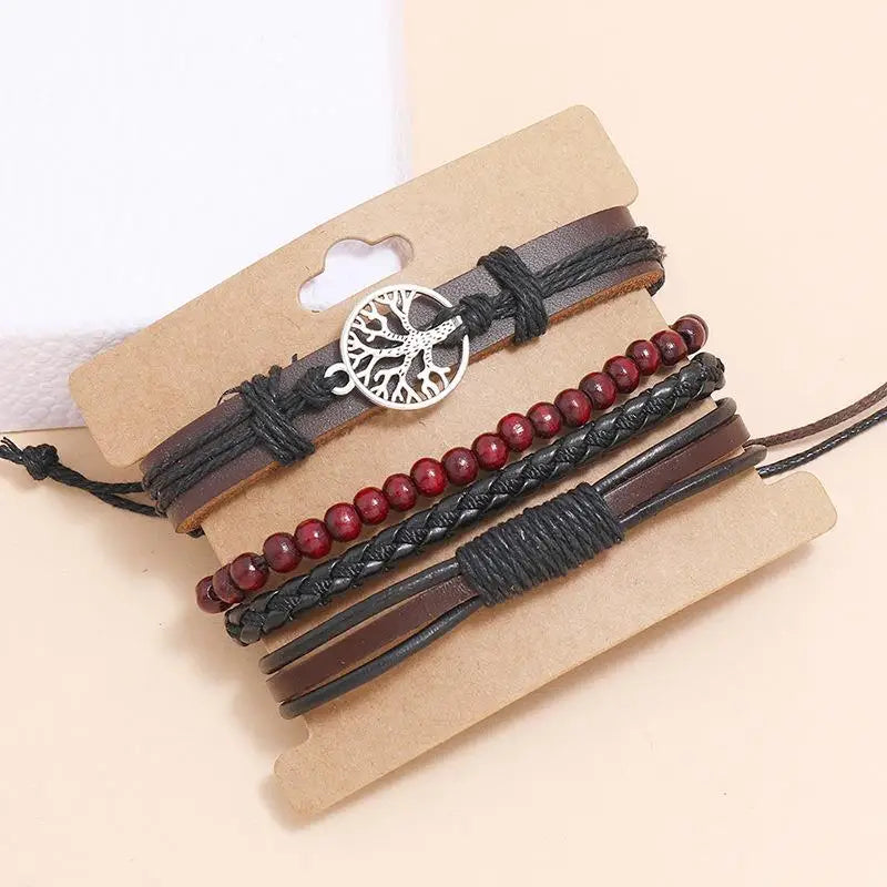 Men's Punk Leather Bracelet with Life Tree Bangle