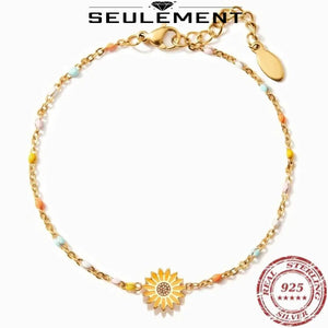 925 Silver Rainbow Sunflower Charm Bracelet for Women