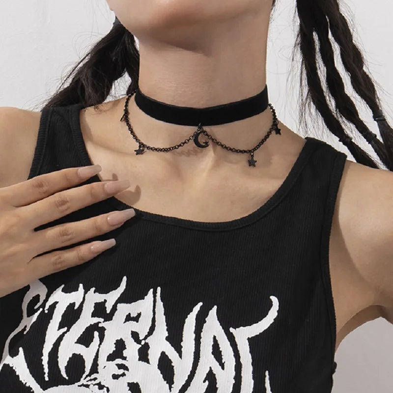 Goth Double Layers Star Moon Pendant Necklace
