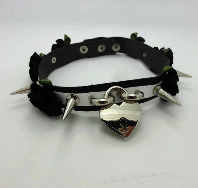 Sexy Harajuku Leather Lolita Flower Stud Rivets Punk Goth Collar Choker