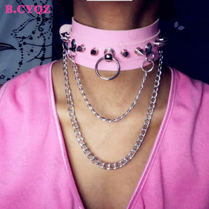 Sexy Goth Chain Pendant Spike Rivet Choker Pink Collar