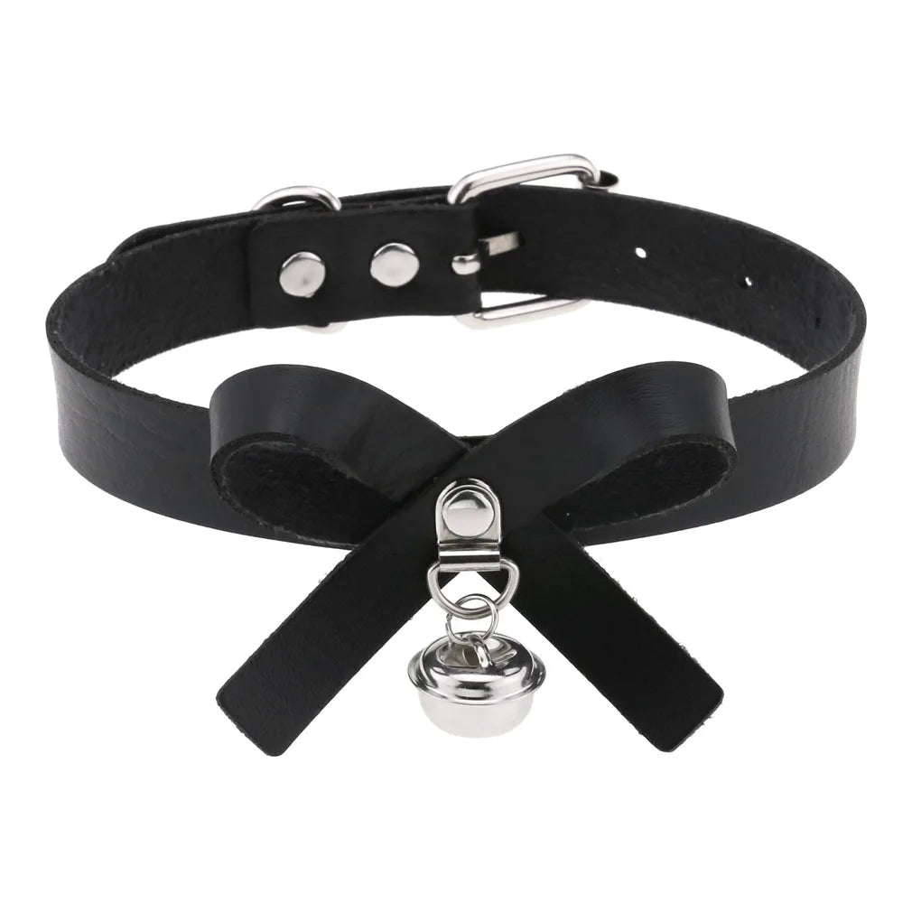 Sexy Gothic Leather Choker Chain Necklace Bowknot Bell Pendant Jewelry