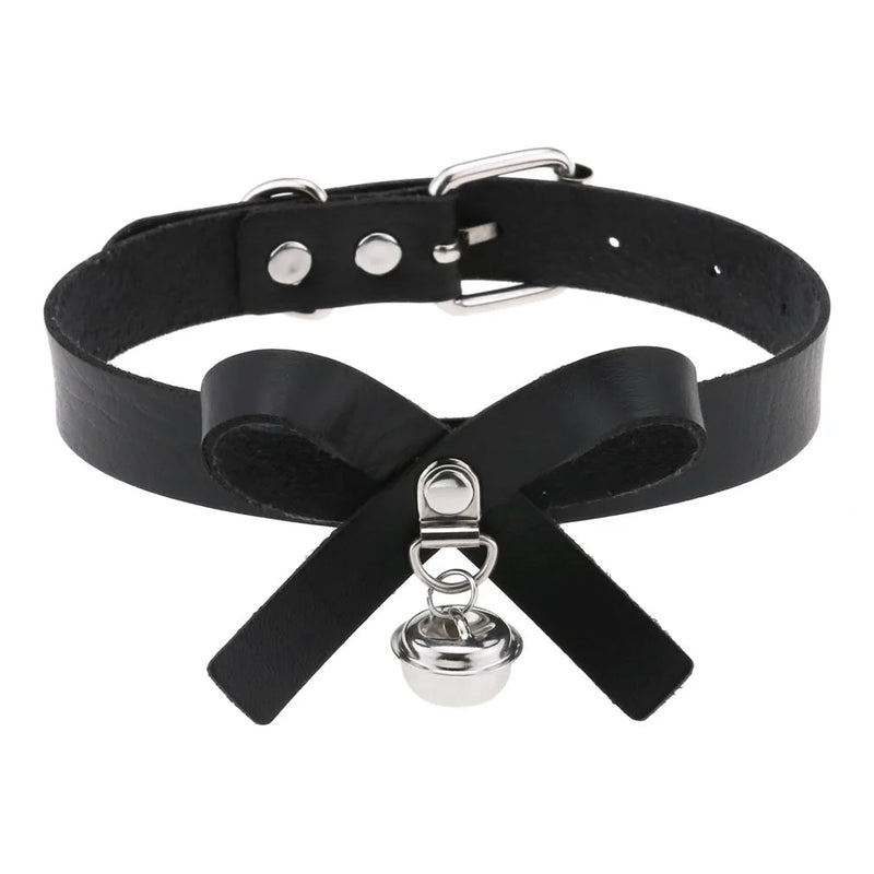 Sexy Gothic Leather Choker Chain Necklace Bowknot Bell Pendant Jewelry
