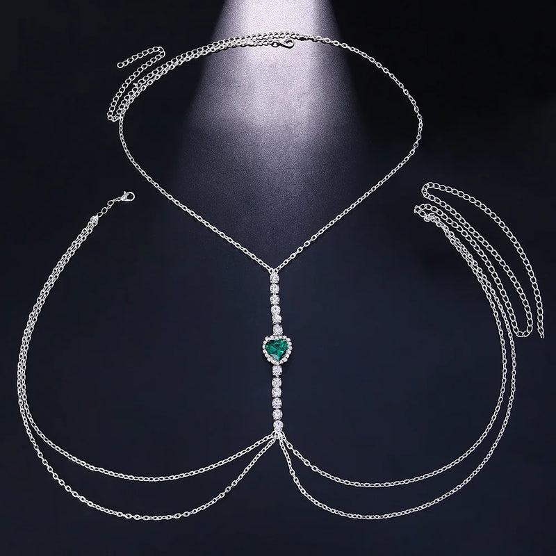 Green Crystal Chest Chain Harness Body Jewelry Necklace