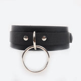 Leather Neck Collar Choker w/ O-ring & Chain Leash