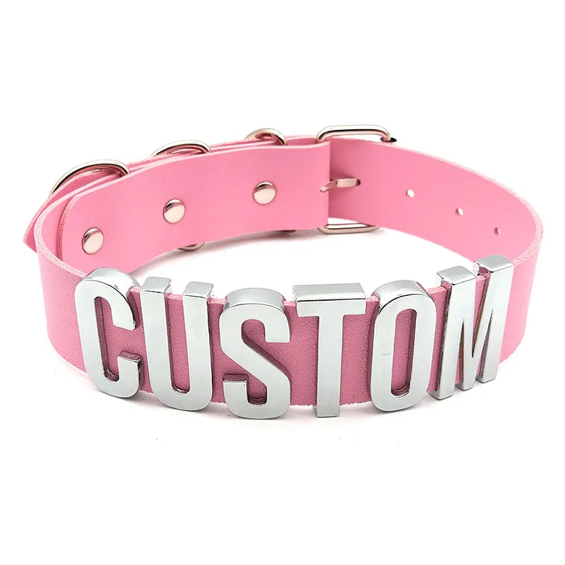 Sexy Pink Leather Letters Collars Choker Necklace Punk Personalized Name Buckle