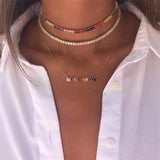 Rainbow CZ Charm Choker Tiny Link Chain Necklace