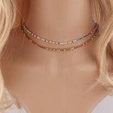 Rainbow CZ Charm Choker Tiny Link Chain Necklace