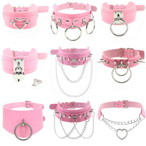 Sexy Sweet Pink Choker Necklaces PU Leather Torques Collar Jewelry