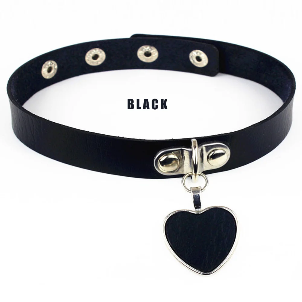 Colorful PU Leather Heart Pendant Leash Choker Necklace