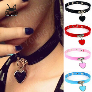 Colorful PU Leather Heart Pendant Leash Choker Necklace