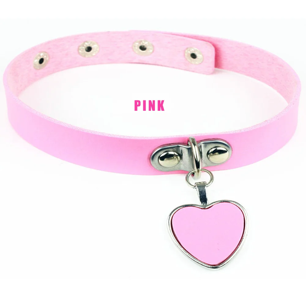 Colorful PU Leather Heart Pendant Leash Choker Necklace