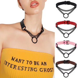Exaggerated Ring Collar Gothic Punk Leather Necklace