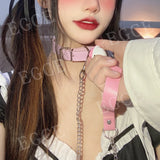 Sexy Pink PU Leather Chain Bell Pendant Choker Necklace