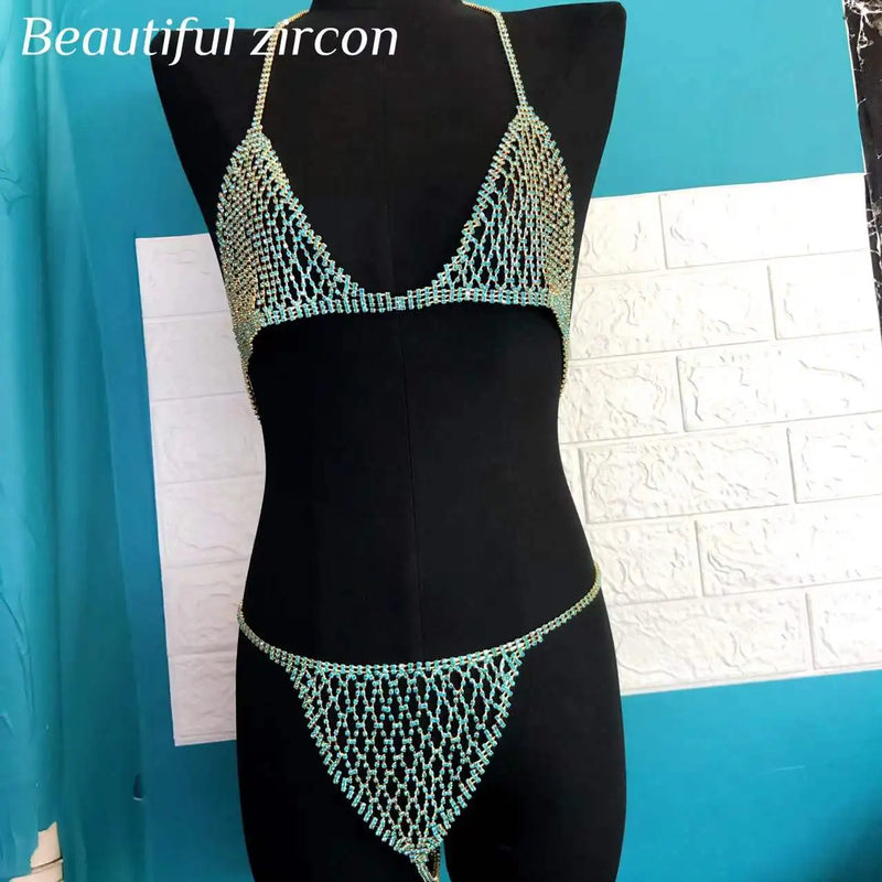 Rhinestone Bra and Thong Body Jewelry Bikini Set