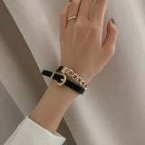Sexy Punk Half Plated Cuban Chain Leather Belt Buckle Bracelet Choker Necklace
