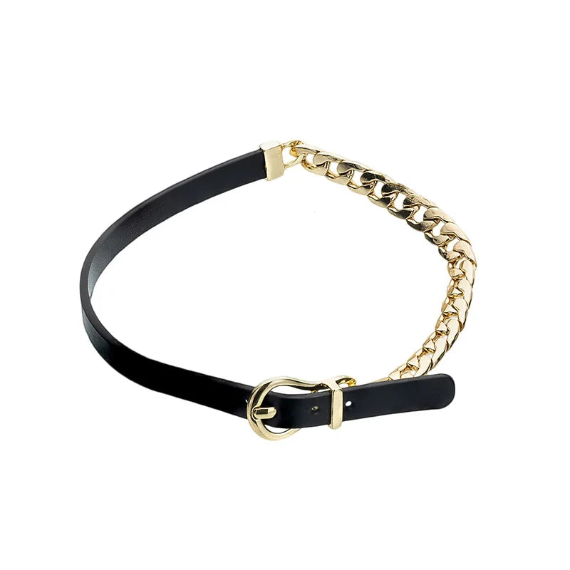 Sexy Punk Half Plated Cuban Chain Leather Belt Buckle Bracelet Choker Necklace