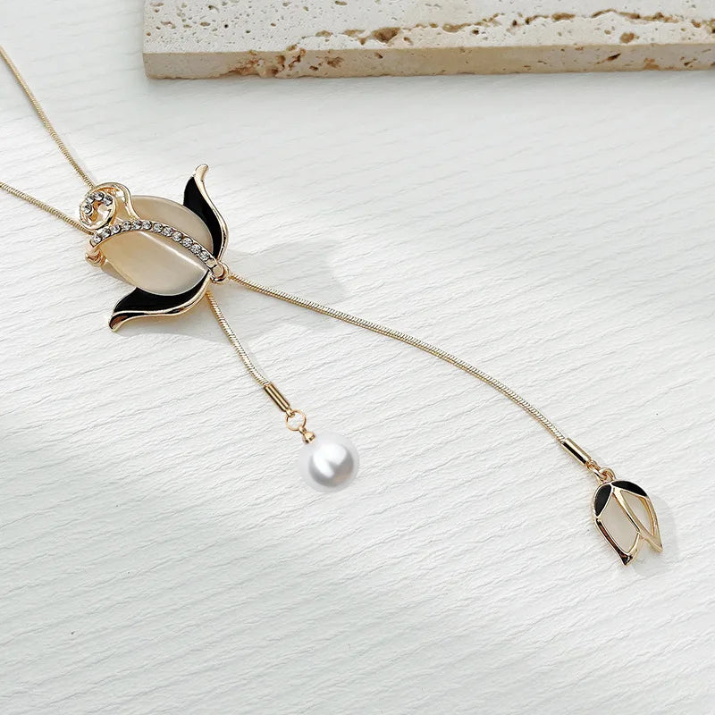 Shampee Tulip Opal Crystal Pendant Necklace Women Lady Jewelry