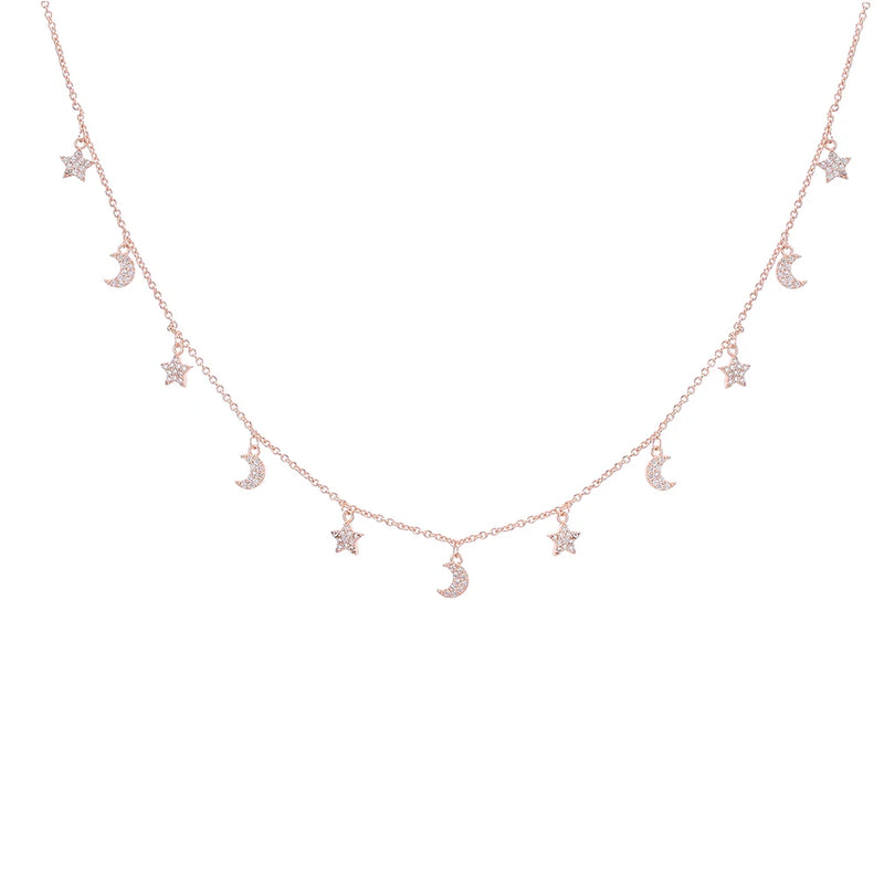 Shefly Moon Stars Pendant Necklace Rose Silver Plated Zircon High Choker Necklac