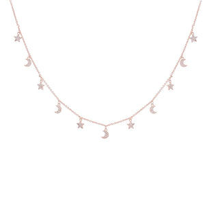 Shefly Moon Stars Pendant Necklace Rose Silver Plated Zircon High Choker Necklac