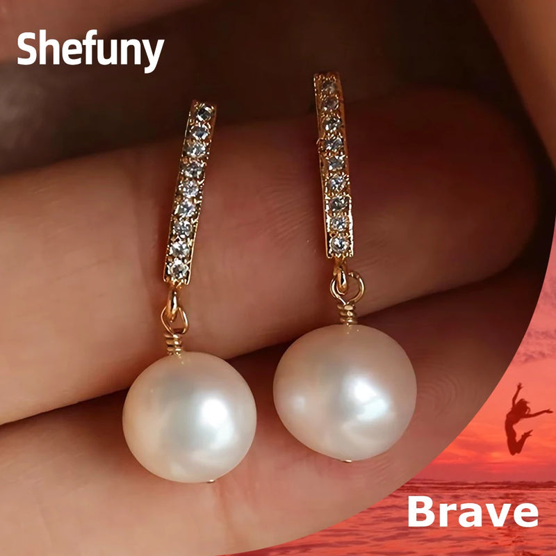Shefuny 925 Silver Freshwater Pearls Stud Earrings Zirconia Earrings