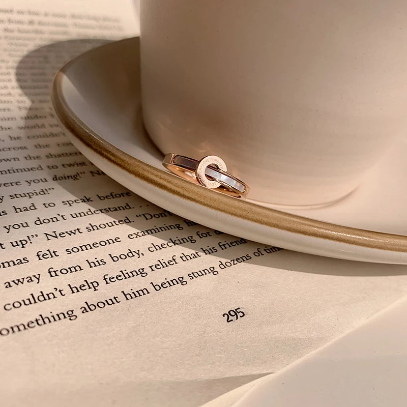 Shell Circle Ring Forever Love Stainless Steel Rose Engagement Wedding Jewelry