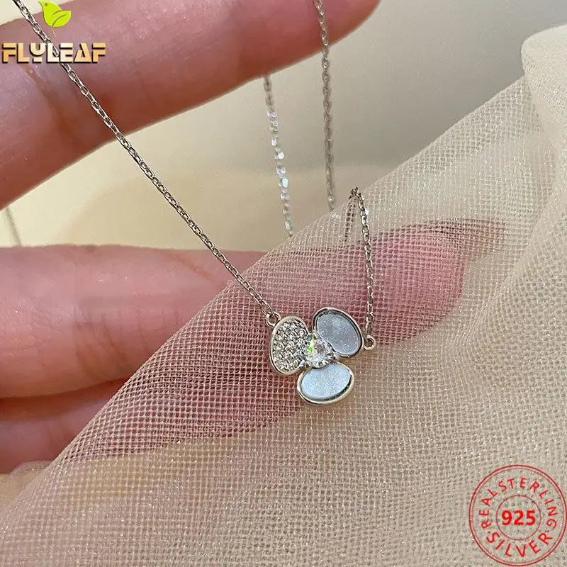 Shell Flower 925 Sterling Silver Necklace Zircon Chain Fine Jewelry