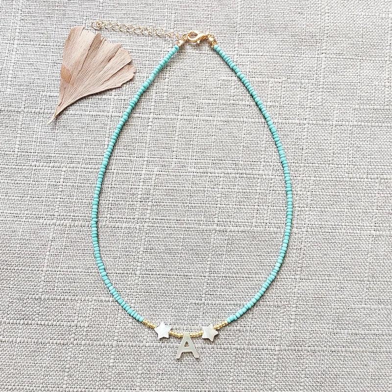 Shell Initial Letter Choker Rice Beads Necklace Women Star Embellishment