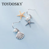 Shell Starfish Drop Asymmetric Earrings With Pearl 925 Sterling Silver