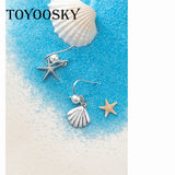 Shell Starfish Drop Asymmetric Earrings With Pearl 925 Sterling Silver